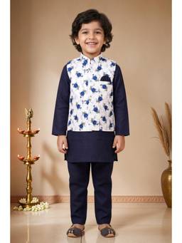 BT DEZINES - Boys Navy Blue Cotton Blend Kurta Pyjama With Floral Print Waistcoat