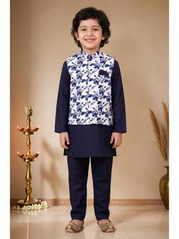BT DEZINES - Boys Navy Blue Cotton Blend Kurta Pyjama With Floral Print Waistcoat