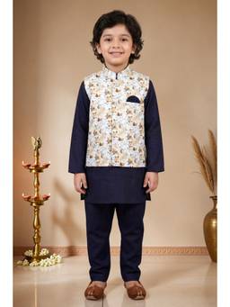 BT DEZINES - Boys Navy Blue Cotton Blend Kurta Pyjama With Floral Print Waistcoat