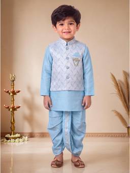 BT DEZINES - Boys Sky Blue Cotton Silk Geometric Kurta & Dhoti with Waistcoat