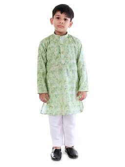 Huggle Boo - Boys Green Ethnic Print Cotton Kurta with Pyjama