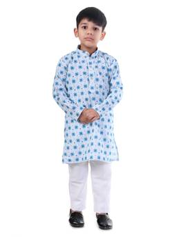 Huggle Boo - Boys Blue Ethnic Print Cotton Kurta with Pyjama