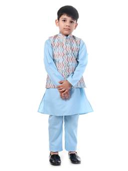 Huggle Boo - Boys Blue Chevron Print Nehru Jacket with Kurta Pyjama