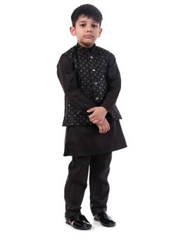Huggle Boo - Boys Black Jacquard Nehru Jacket with Kurta Pyjama