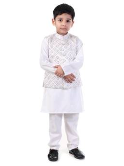 Huggle Boo - Boys White Thread Work Nehru Jacket with Kurta Pyjama