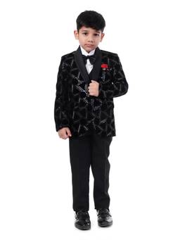 Huggle Boo - Boys Black Velvet Embroidered Tuxedo Suit with Bow Tie
