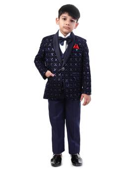 Huggle Boo - Boys Navy Velvet Embroidered Tuxedo Suit with Bow Tie