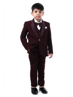 Huggle Boo - Boys Wine Satin Lapel Tuxedo Suit with Bow Tie