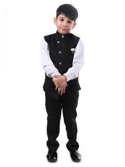 Huggle Boo - Boys Black Asymmetric Nehru Jacket with Shirt & Trouser