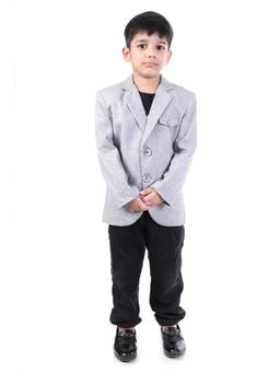 Huggle Boo - Boys Grey Textured Structured Blazer with Pocket Square