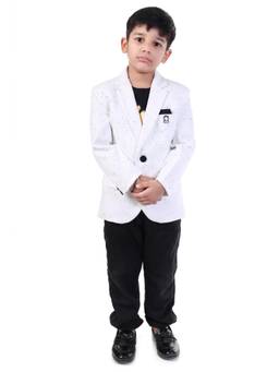Huggle Boo - Boys White Speckle Textured Blazer with Pocket Square