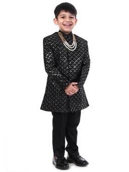 Huggle Boo - Boys Black Velvet Embroidered Sherwani with Mala