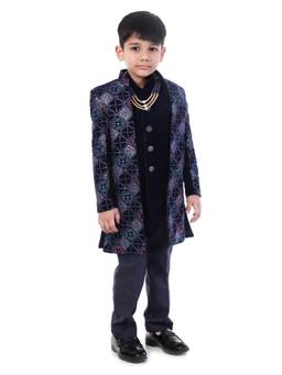 Huggle Boo - Boys Navy Blue Velvet Embroidered Sherwani with Mala