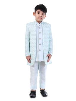 Huggle Boo - Boys Pista Green Embroidered Sherwani with Kurta and Mala
