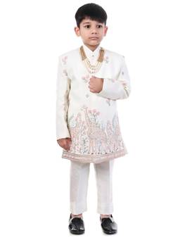 Huggle Boo - Boys Cream Giraffe Print Sherwani with Kurta and Mala