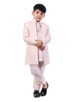 Huggle Boo - Boys Peach Embroidered Sherwani with Kurta Trouser and Mala