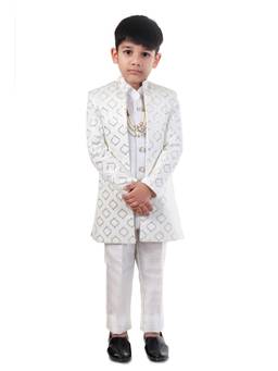 Huggle Boo - Boys Ivory Embroidered Sherwani with Kurta Trouser and Mala