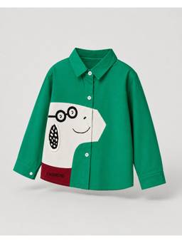 Huggle Boo - Green Colourblock Front Panel Print Cotton Shirt