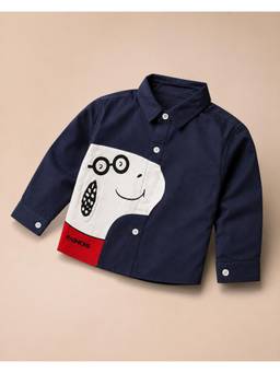 Huggle Boo - Blue Colourblock Front Panel Print Cotton Shirt