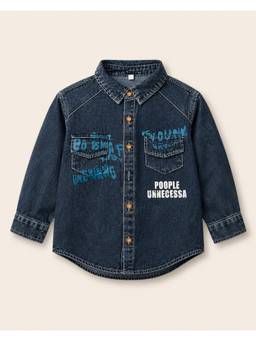 Huggle Boo - Blue Washed Denim Printed Shirt with Patch Pockets