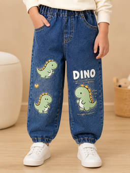 Huggle Boo - Blue Dino Print Stretchable Mid Rise Jeans