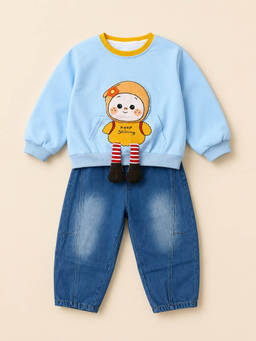 Huggle Boo - Sky Blue Character Print Sweatshirt with Jeans