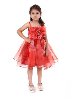Huggle Boo - Girls Red Floral Print Organza A-Line Party Dress