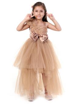 Huggle Boo - Girls Rose Gold Sequin Bow High Low Net Party Gown