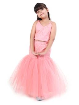 Huggle Boo - Girls Peach Fish Cut Sequin Lehenga with Choli