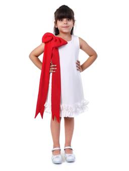 Huggle Boo - Girls White Crepe Party Dress with Oversized Red Bow