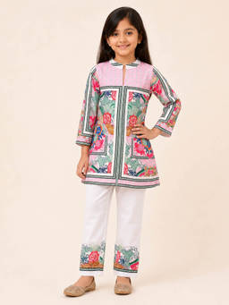 Huggle Boo - Girls Pink Floral Print Kurta with Pants Co-ord Set