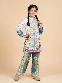 Huggle Boo - Girls White Floral Print Mandarin Collar Kurta with Pants