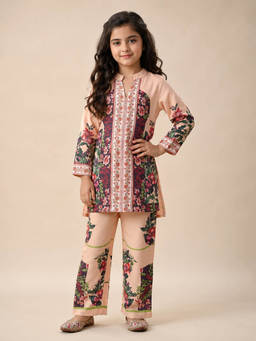 Huggle Boo - Girls Peach Turkish Print Mandarin Collar Kurta with Pants