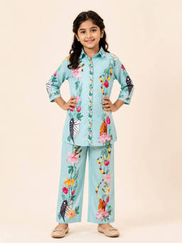 Huggle Boo - Girls Aqua Blue Floral Print Shirt Collar Co-ord Set