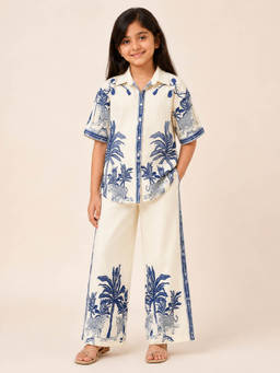 Huggle Boo - Girls Cream Tropical Print Shirt Collar Co-ord Set