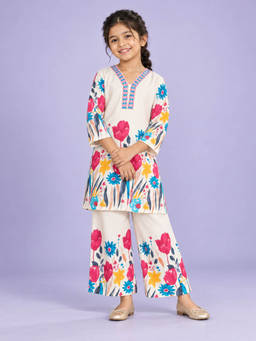 Huggle Boo - Girls Light Off White Floral Print Embroidered V-Neck Co-ord Set
