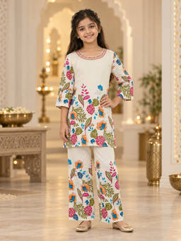 Huggle Boo - Girls Light Off White Floral Embroidered Round Neck Co-ord Set