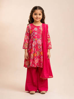 Huggle Boo - Girls Rani Pink Floral Peplum Kurta Sharara with Dupatta