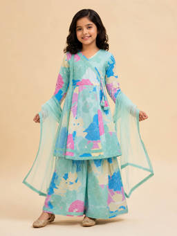 Huggle Boo - Girls Aqua Floral Print Wrap Kurta Sharara with Dupatta