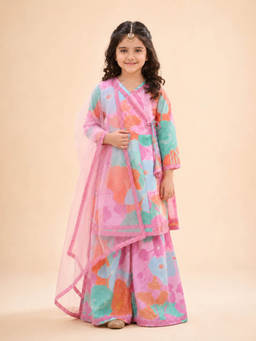 Huggle Boo - Girls Pink Floral Print Wrap Kurta Sharara with Dupatta