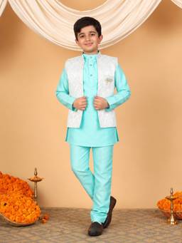 BT DEZINES - Boys Aqua Blue Cotton Silk Solid Kurta Pyjama With Waistcoat