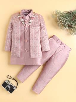 BT DEZINES - Boys Rose Pink Embroidered Sherwani Set with Mala