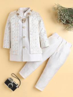 BT DEZINES - Boys Off White Embroidered Sherwani Set with Mala