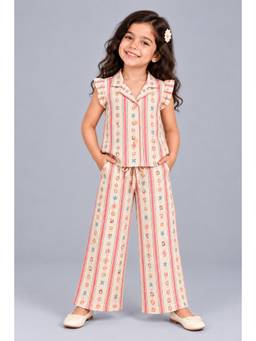 KEVORA APPARELS - Girls’ Striped Printed Shirt Collar Co-Ord Set - Multicolor