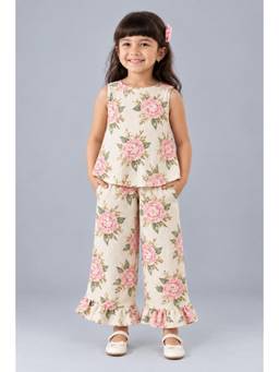 KEVORA APPARELS - Girls’ Floral Printed Sleeveless Top with Ruffle-Hem Palazzo Set - Cream