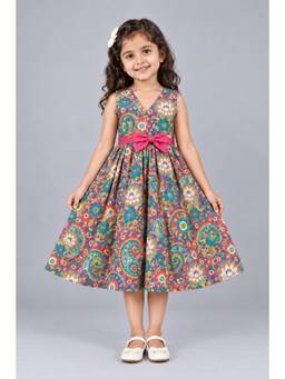 KEVORA APPARELS - Girls’ Printed V-Neck Fit and Flare Dress with Contrast Bow - Multicolor