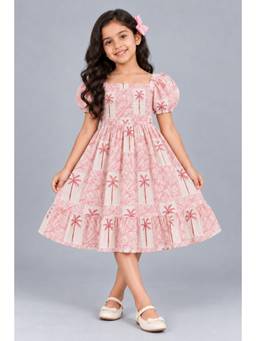 KEVORA APPARELS - Girls’ Printed Puff Sleeve Fit and Flare Dress - Pink