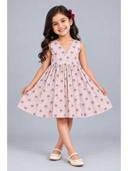 KEVORA APPARELS - Girls’ Printed V-Neck Fit and Flare Dress - Pink