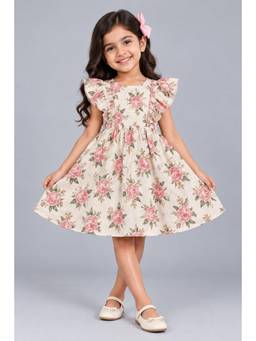 KEVORA APPARELS - Girls’ Floral Printed Fit and Flare Dress with Ruffle Sleeves - Cream