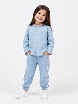 Kidbea - Girls Hooded Denim Shirt and Side-Tape Jogger Set